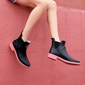 BRAND NEW L-Rain Women’s Black/Pink Short Chelsea Rain Boots SZ 7